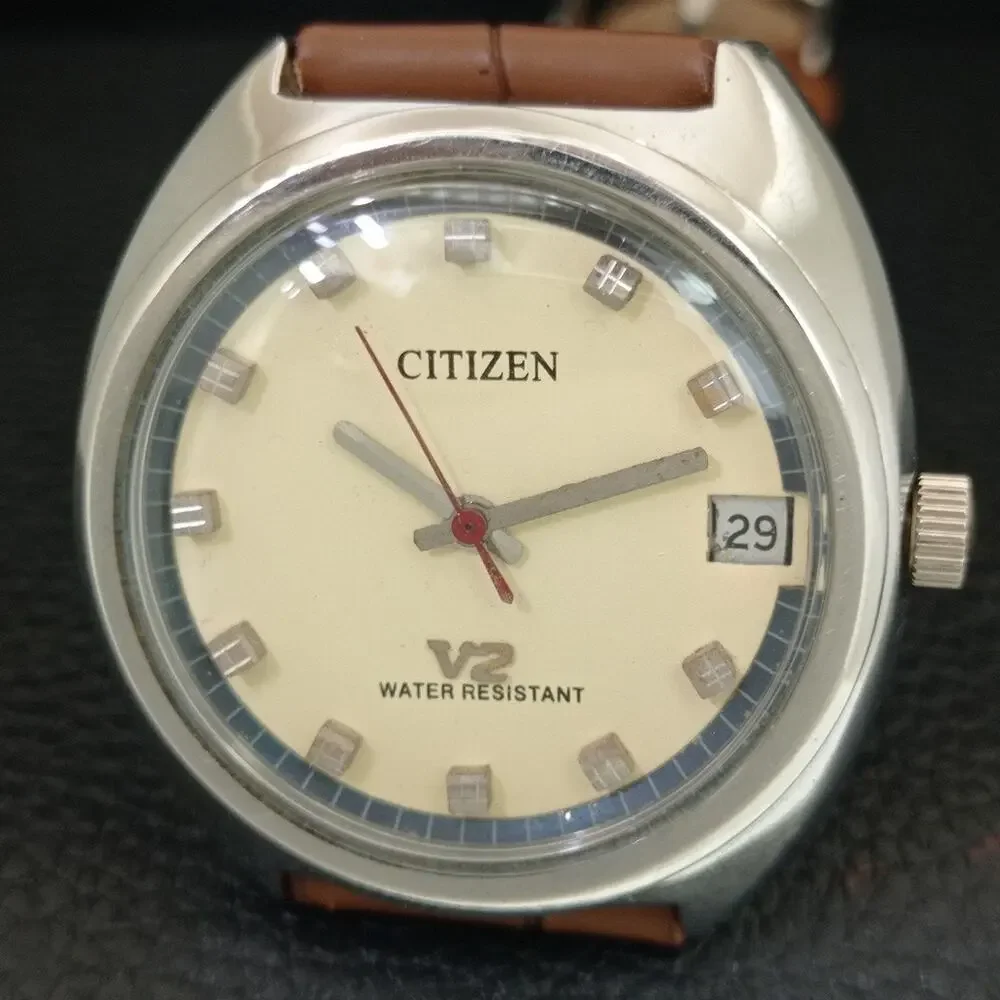 Vintage 1980 Citizen Manual Wound Mens Silver Watch W/Date & Cream accents